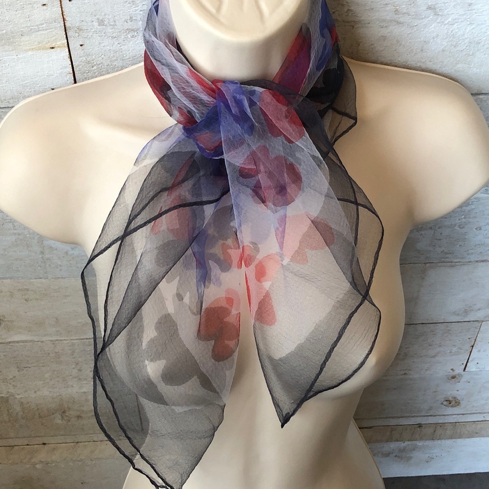 Vintage Japanese sheer kerchief red blue black floral